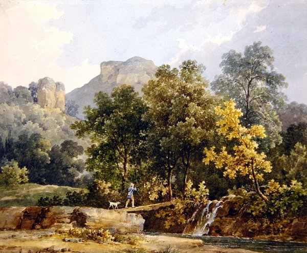 Jägare som korsar en bro över en flod av Jacques Raymond Brascassat