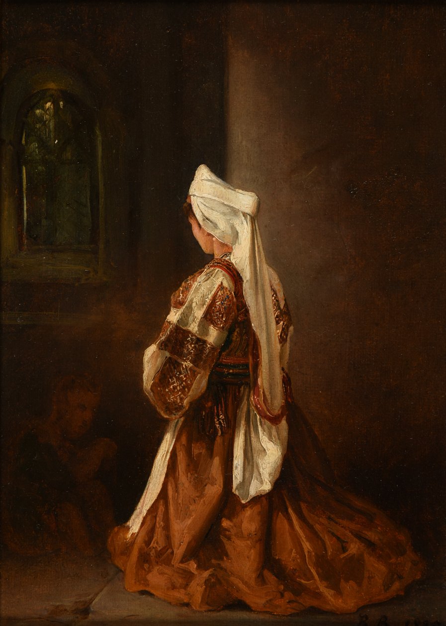 Ung romersk kvinna ber i en kyrka av Jacques Raymond Brascassat