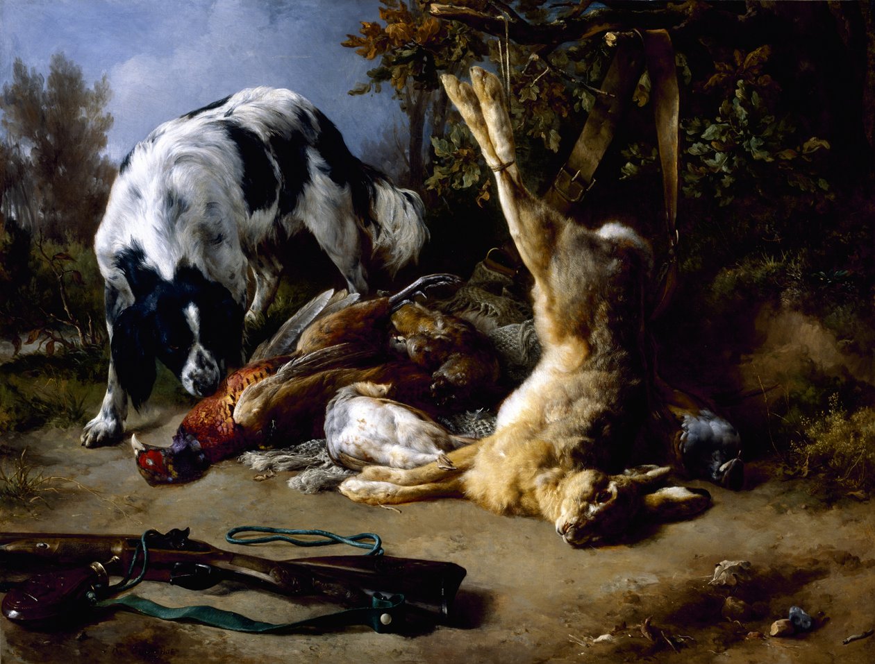 Spaniel med ett stilleben av döda vilt, 1837 av Jacques Raymond Brascassat