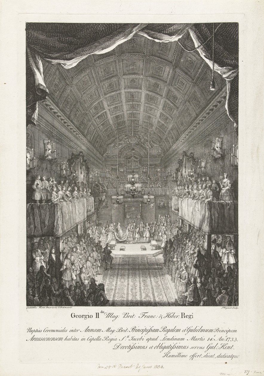 Huwelijk van Willem IV träffade prinsessan Anna, 1734 George II Mag: Brit: Franc: & Hiber. Kungens bröllopsceremoni mellan Anne (...) och William (...) Tisdag 14:e år: 1733 (...) (titel på objekt) av Jacques Rigaud