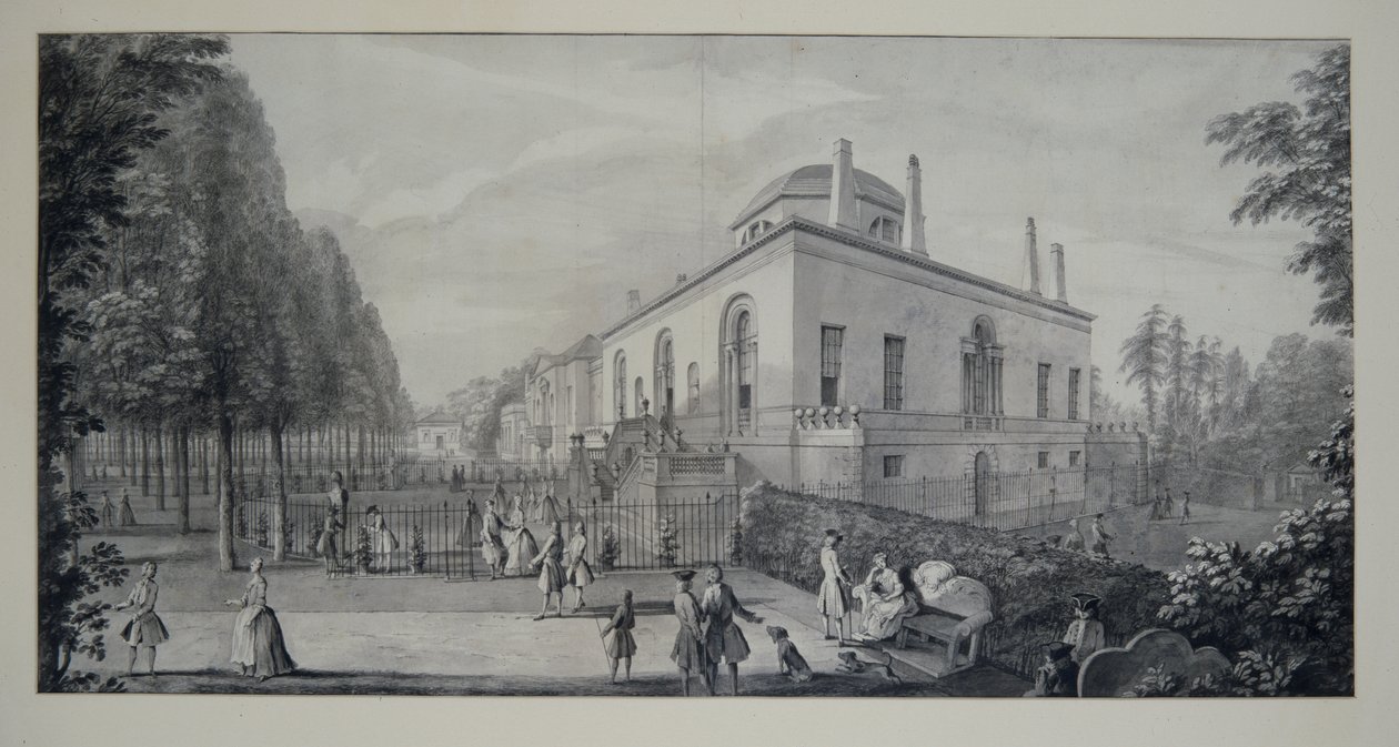 Lord Burlingtons neo-Palladian Villa i Chiswick and the Jacobean House (penna och bläck med tvätt på papper) av Jacques Rigaud