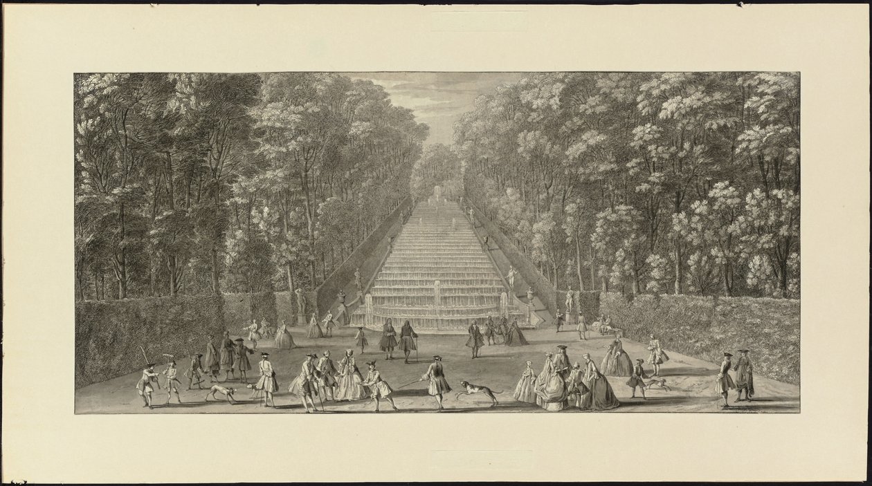 Vue de la Grande Cascade dans les jardins de Marly (svart krita, penna och svart bläck, grå tvätt) av Jacques Rigaud