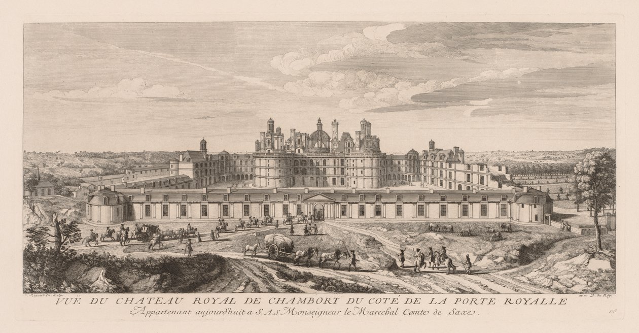Utsikt över det kungliga slottet i Chambord, från sidan av den kungliga porten av Jacques Rigaud