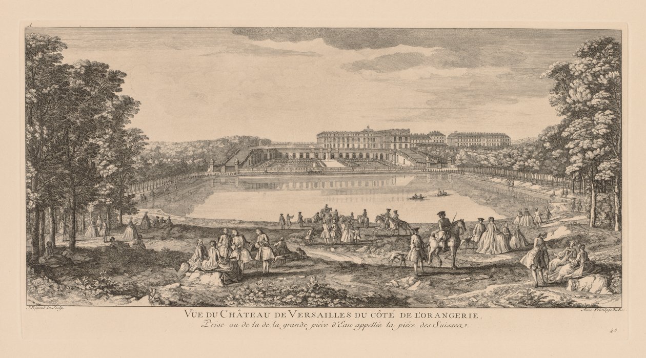 Utsikt över slottet i Versailles, från orangeriets sida, tagen bortom den schweiziska dammen. av Jacques Rigaud