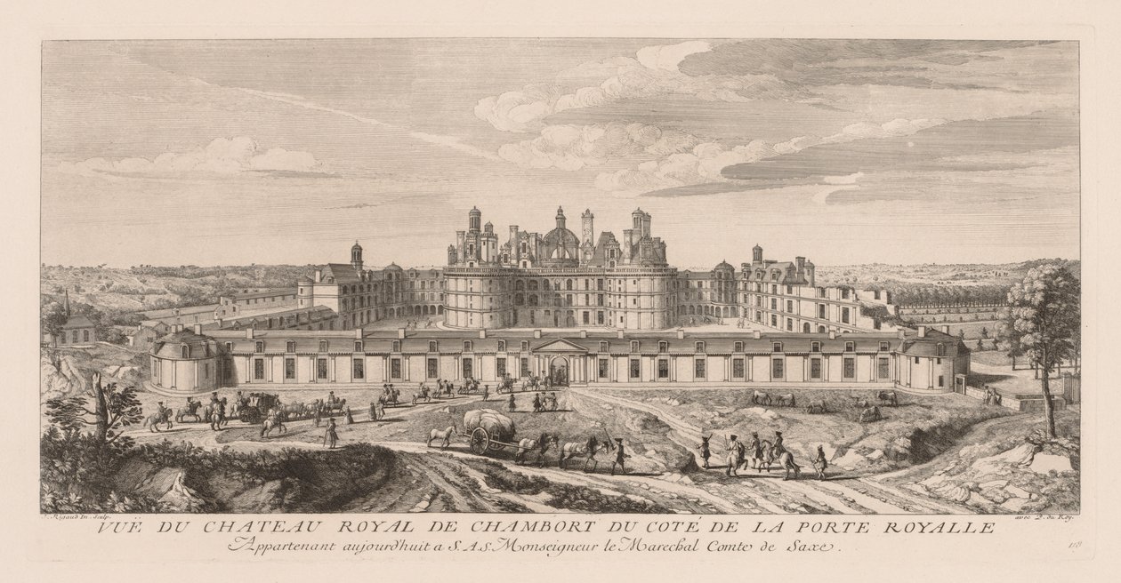 Utsikt över det kungliga slottet i Chambord, från sidan av den kungliga porten. av Jacques Rigaud