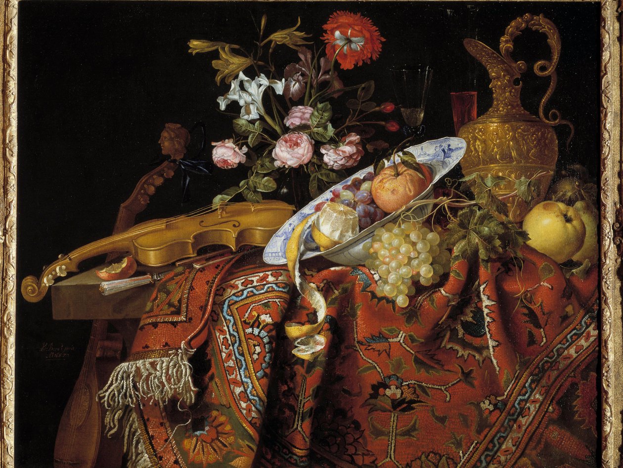 Stilleben med violin och akvamarin Målning av Jacques Samuel Bernard (1615-1687) av Jacques Samuel Bernard