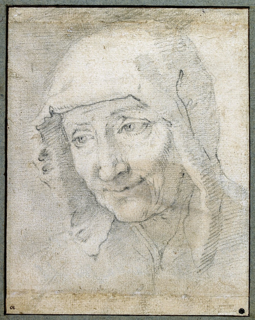 En gammal kvinnas huvud (svart krita på papper) av Jacques Stella