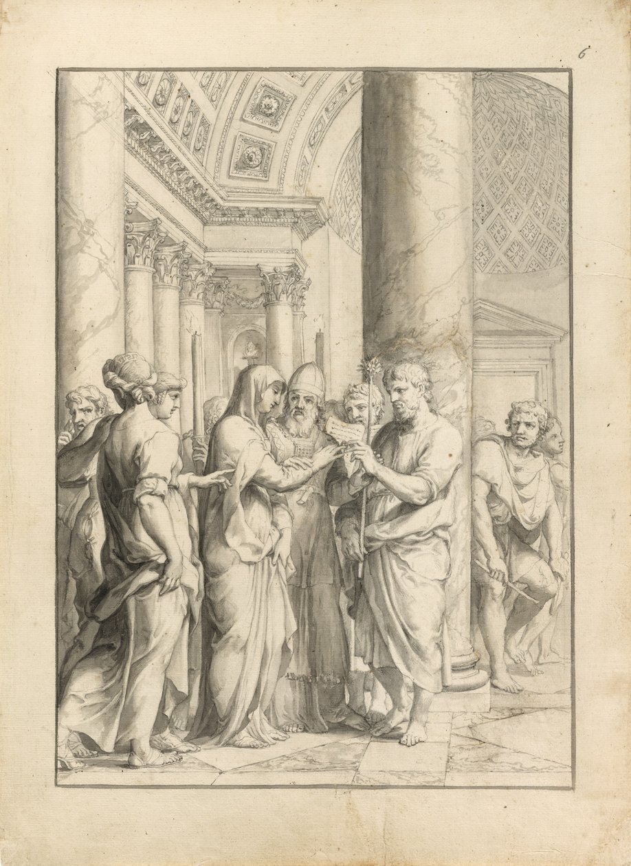 Jungfruns äktenskap, ca 1640 (penna & svart bläck, med pensel & grå & blekbrun tvätt & grafit, på stycken krämlagt papper) av Jacques Stella