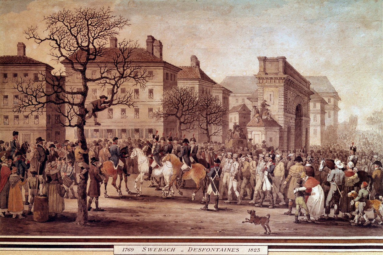Frankrikes kampanj 1814: "" Entré i Paris för fångar av allierade arméer (inklusive Ryssland och Preussen), eskorterad av Nationalgardet under befäl av Marechal Moncey den 9/03/1814"" Litografi av Jacques Swebach-Desfontaines (1769- 1823) av Jacques Swebach Desfontaines