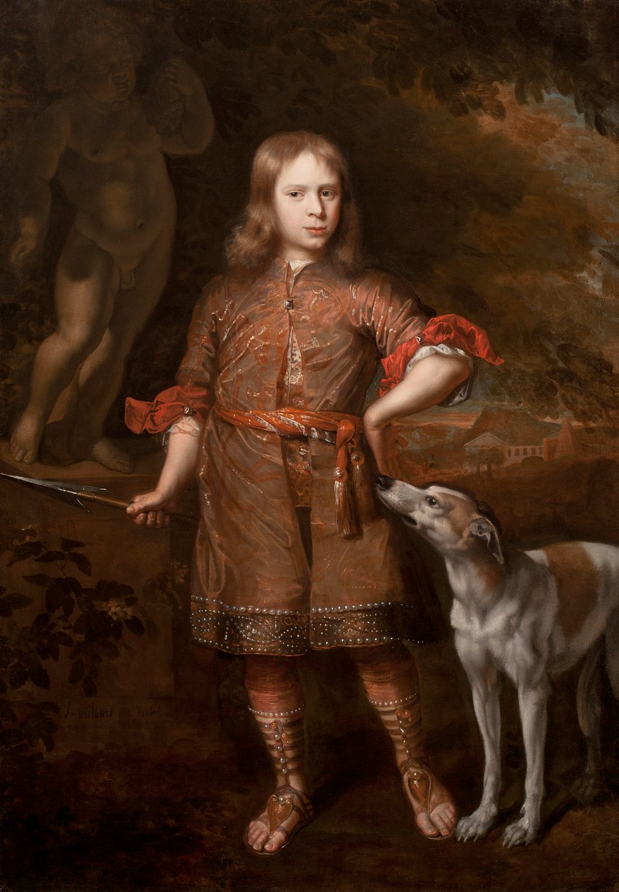 Porträtt av en pojke som en jägare som håller ett galtspjut med en vinthund, mitten av 1670-talet av Jacques Vaillant