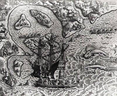 Johannes Staden anländer till en okänd ö för att finna att portugiserna redan är där, från Americae, 1593, skriven och graverad av Theodor de Bry (1528-98) av Jacques d.158788 after Le Moyne