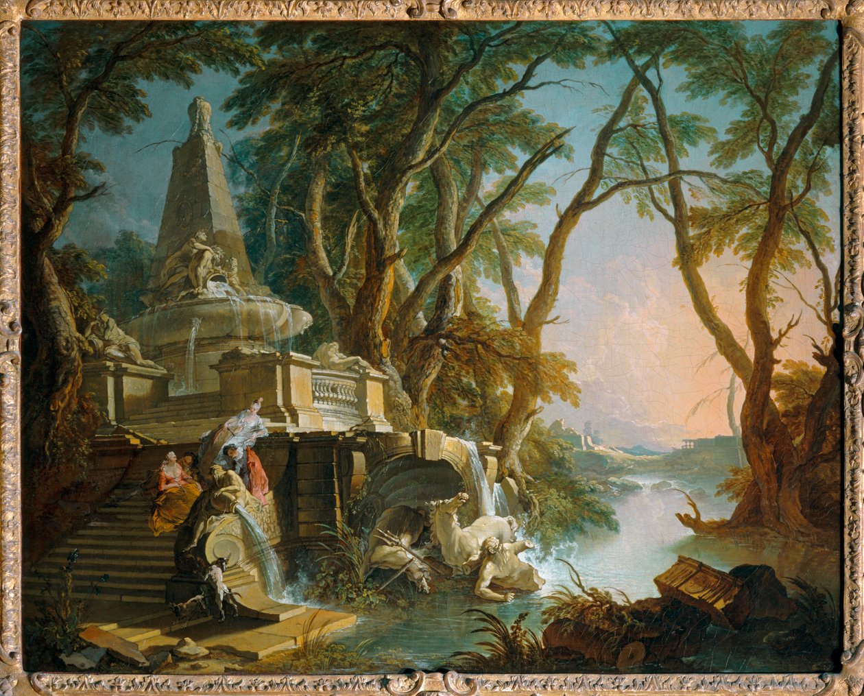 Imaginärt landskap: floden, även känd som den pyramidformade fontänen med en trasig staty av Neptunus - Imaginärt landskap: floden ... av Jacques de (after) Lajoue
