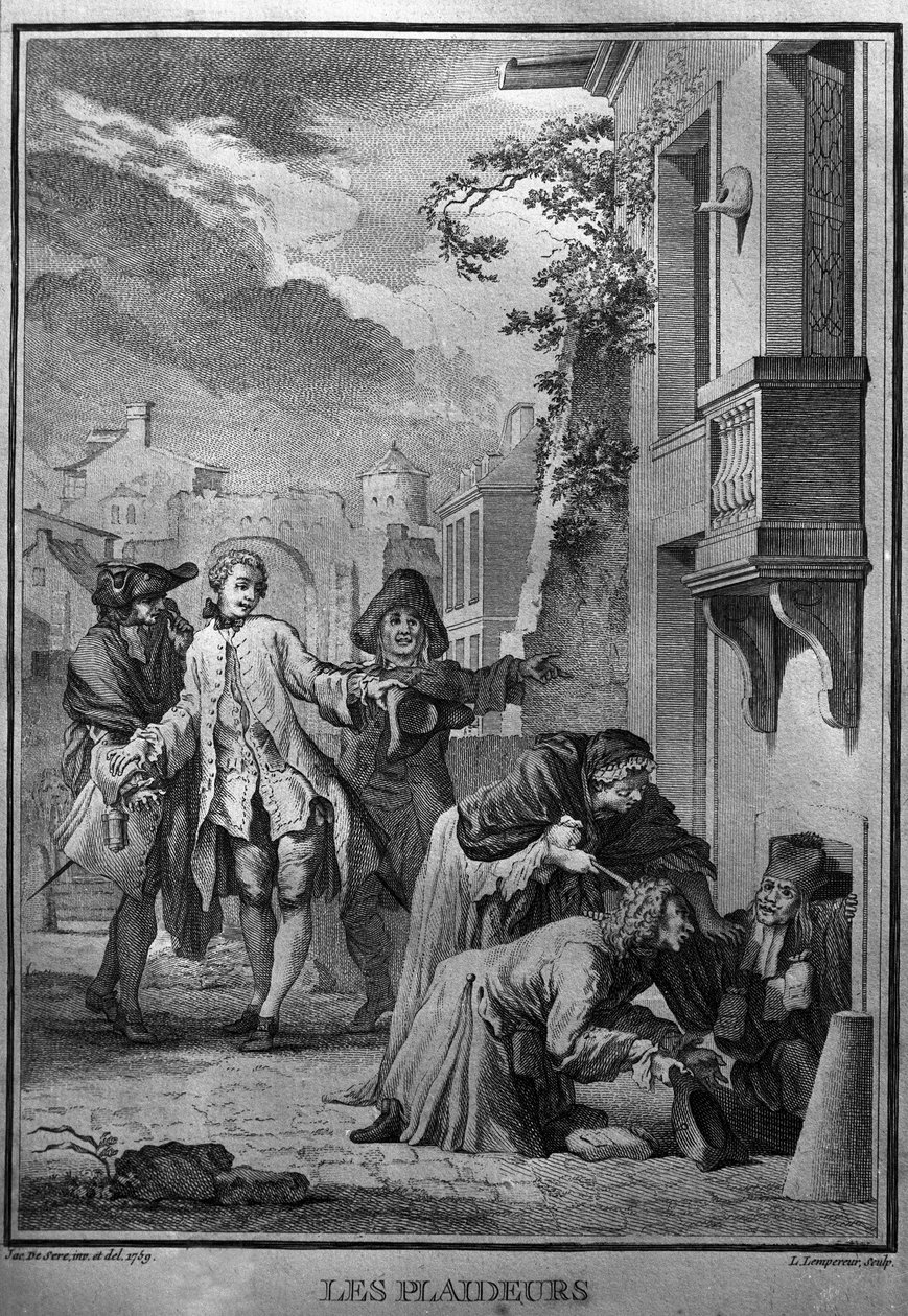 Les Plaideurs Illustration från Jacques de Seve för verk av Jean Racine (1639-1699), fransk tragisk poet. gravyr från 1760. av Jacques de (after) Seve