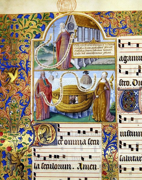 Ms 0412 miniatyrer som föreställer en allegorisk representation av kyrkan och under denna Moses håller i lagens tavlor med Noaks ark och en kvinna med ögonbindel som representerar de 