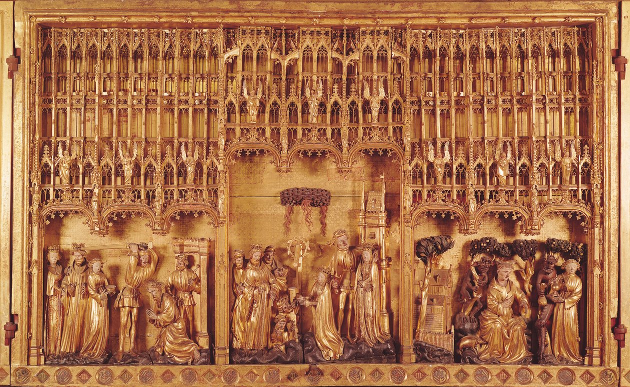 Altartavla av heliga och martyrer, central panel halshuggningen av St. Johannes Döparen, Martyrskapet av St. Katarina av Alexandria och St. Barbara och frestelsen av St. Anthony, ca 1391 (förgylld wo av Jacques de Baerze or Baers