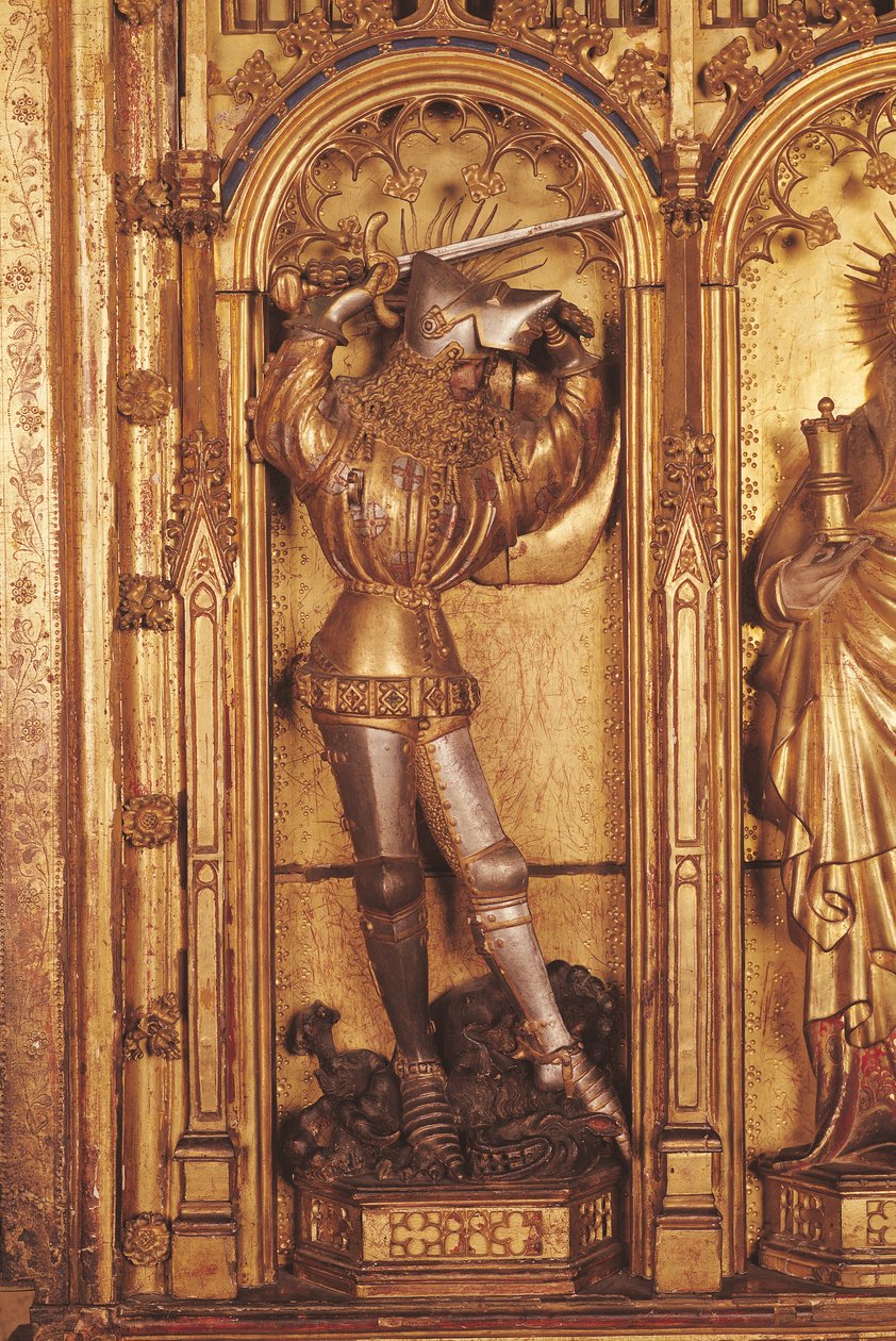 Korsfästelsens altartavla, detalj av St. George från den vänstra panelen, från Church of Chartreuse de Champmol, c.1391 (förgyllt trä) av Jacques de Baerze or Baers