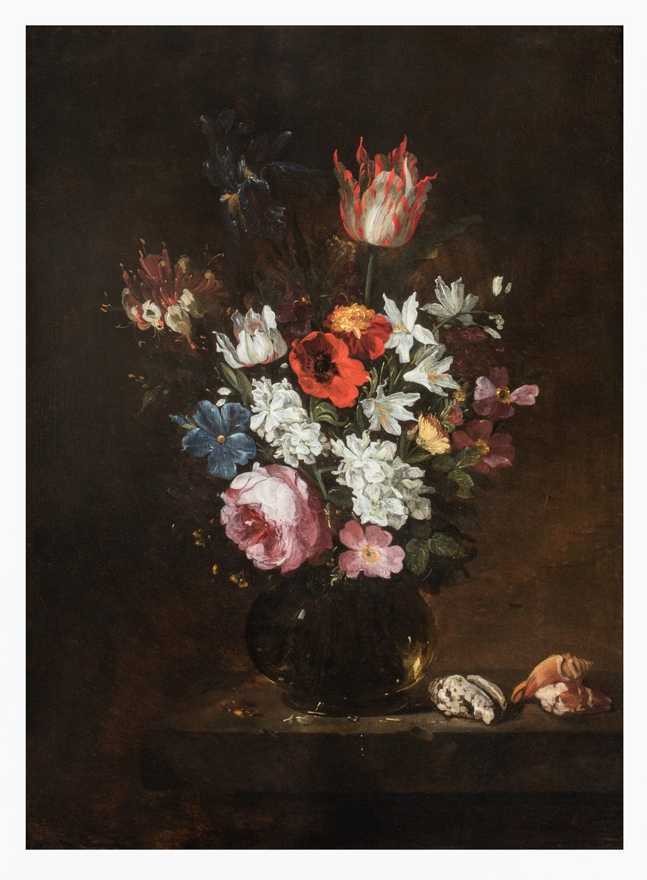 En ros, tulpan, iris, vallmo, kaprifol och andra blommor i en glasvas med snäckskal på en avsats av Jacques de Claeuw