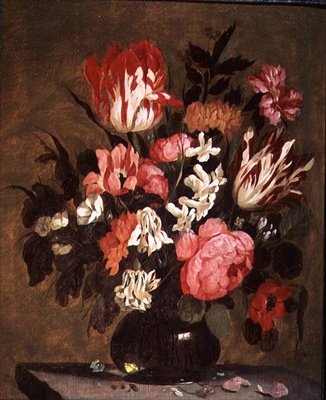 Blommor i en glasvas av Jacques de Claeuw