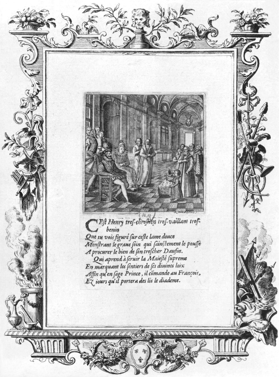 Henri IV (1553-1610) Kung av Frankrike och Navarra undervisar Dauphin Louis de France, framtida Ludvig XIII (1601-43) c.1605 av Jacques de Fornazeris