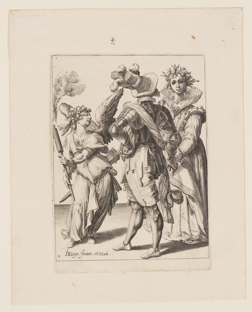 Cupido med ögonbindel som håller en fackla framför ett par, från Maskeraderna av Jacques de Gheyn II
