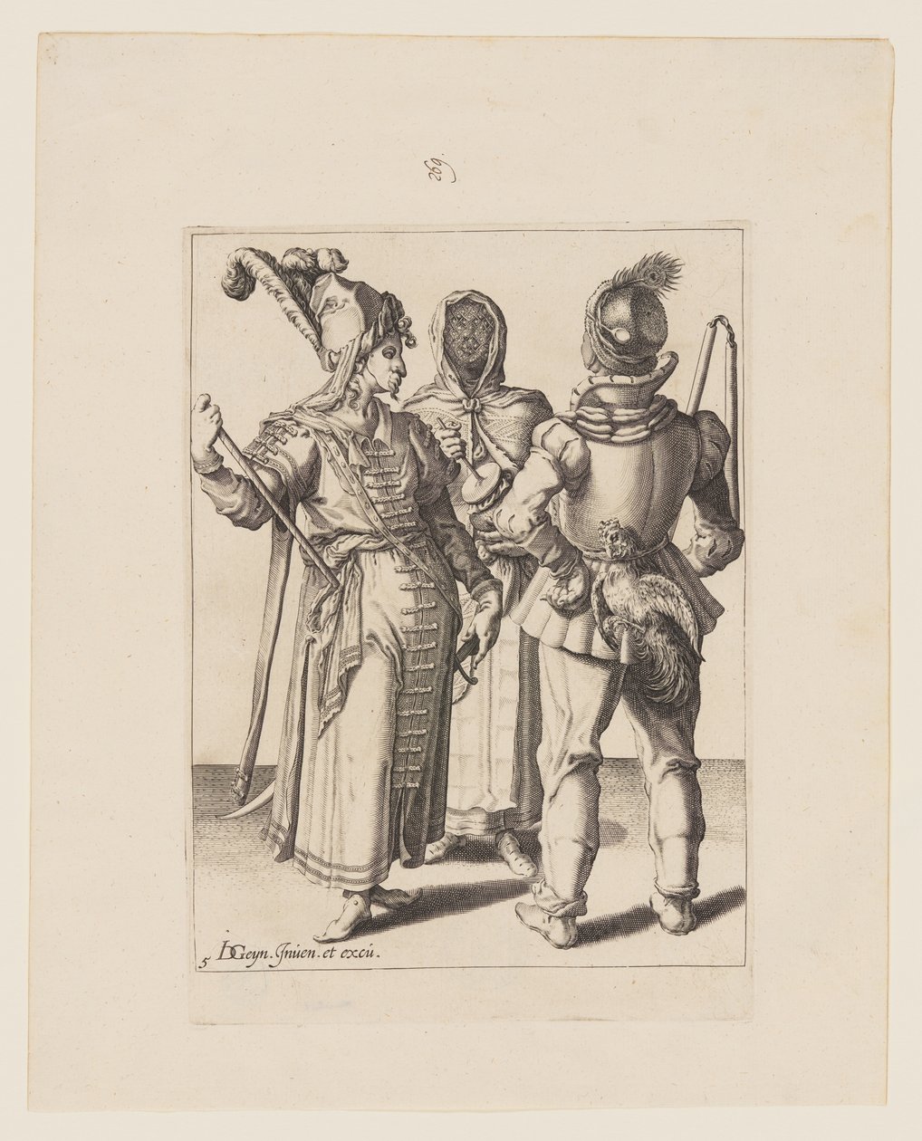 En storman i österländsk klädsel, en man med en kuk i bältet och en beslöjad kvinna som spelar på en rumlande kruka, ur Maskeraderna av Jacques de Gheyn II