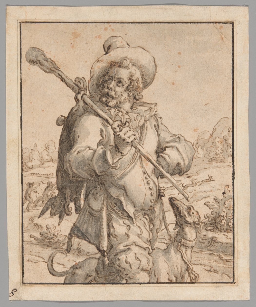 En jägare med en död hare och en hund (studie för "Terra") av Jacques de Gheyn II