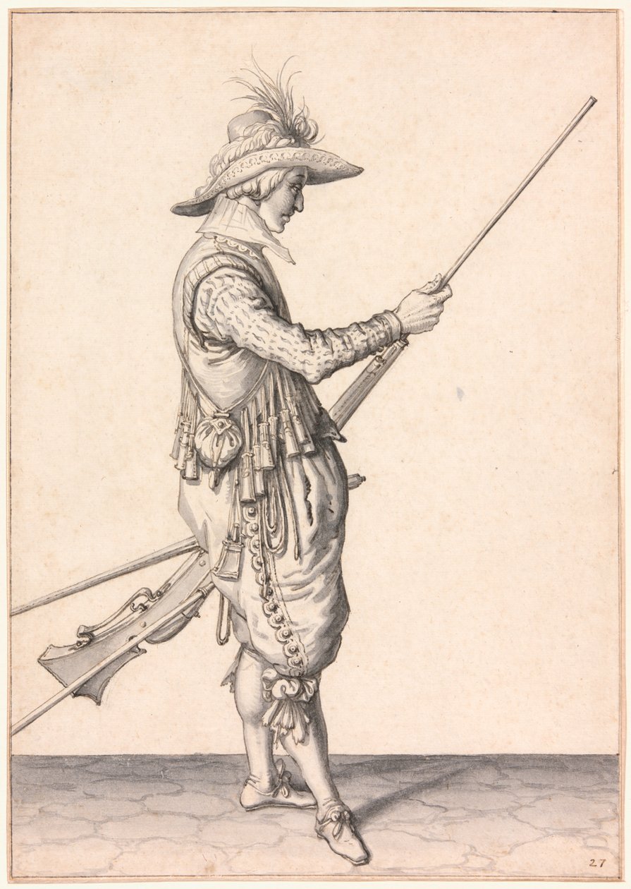 En soldat laddar en musköt, "Ramme in Your Pouder" av Jacques de Gheyn II