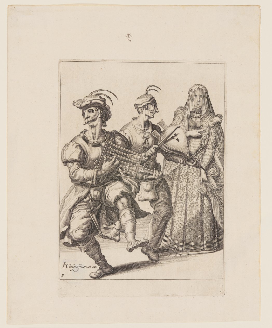 En beslöjad kvinna med två musiker som spelar på ett järn och en bälg, ur Maskeraderna av Jacques de Gheyn II