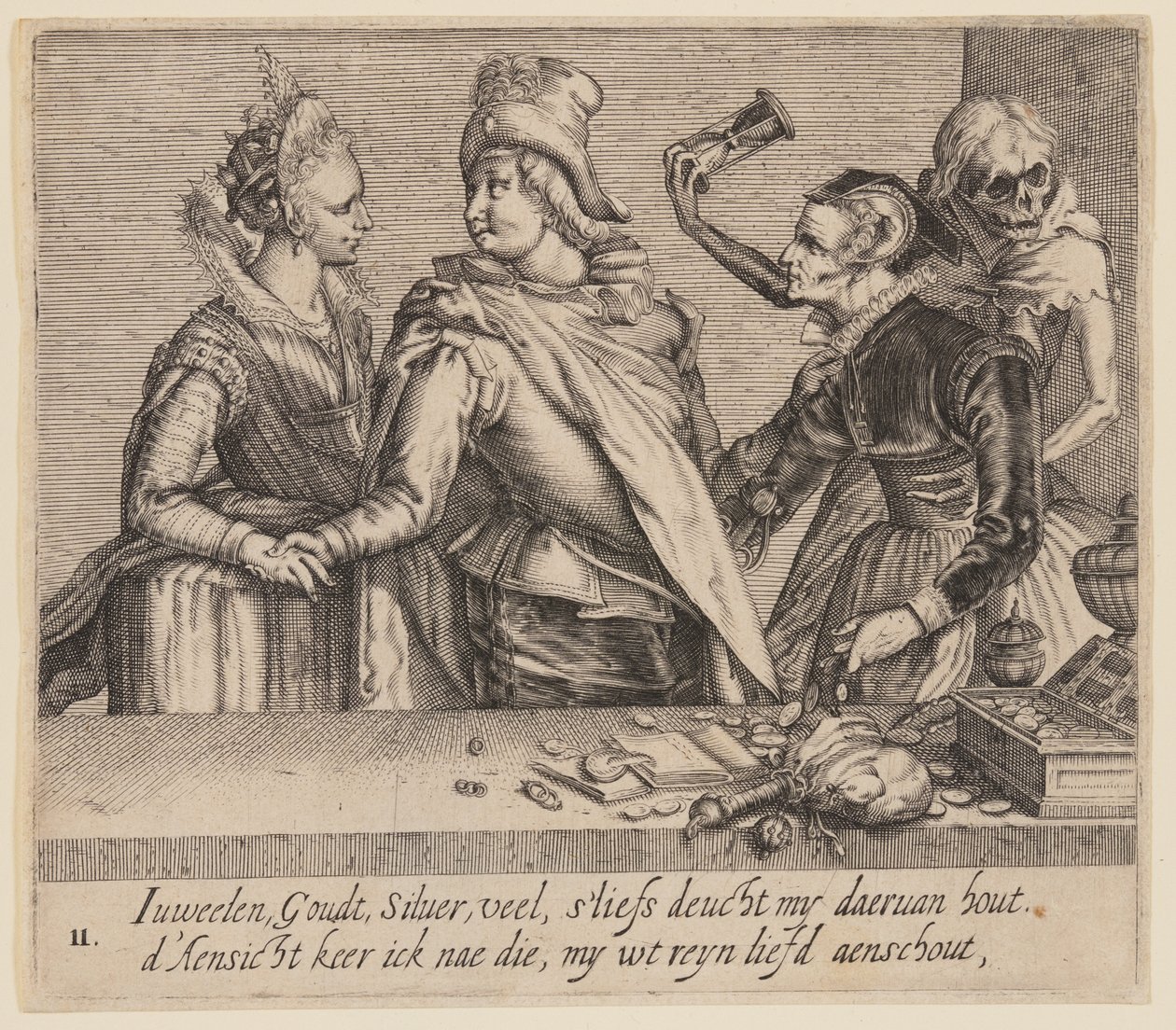 En ung man mellan en ung kvinna och en gammal kvinna, från Unequal Lovers av Jacques de Gheyn II