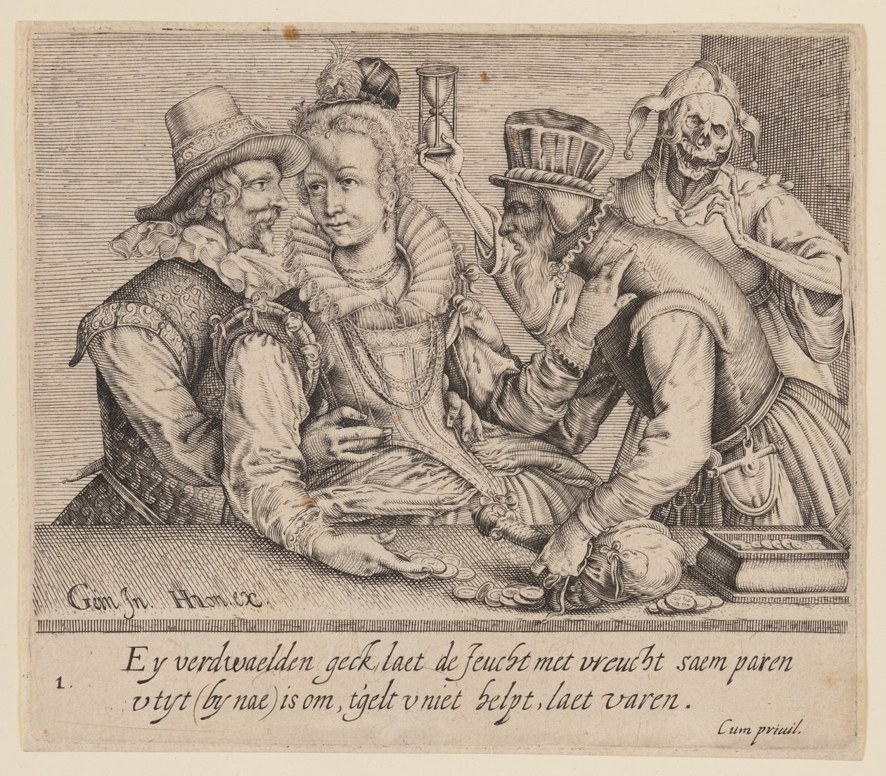 En ung kvinna mellan en ung man och en gammal man, från Unequal Lovers av Jacques de Gheyn II