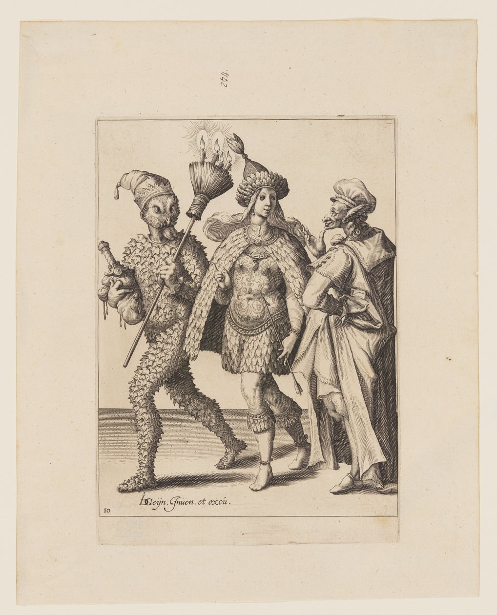 En gammal mumie tilltalar ett par klädda i löv och fågelfjädrar, ur Maskeraderna av Jacques de Gheyn II