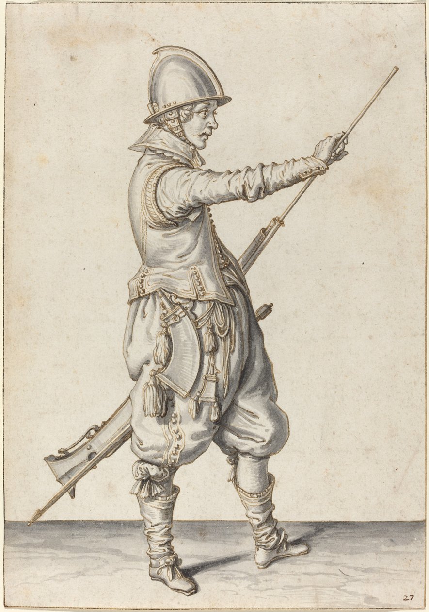 Elegant klädd soldat som stampar på sin kaliver av Jacques de Gheyn II
