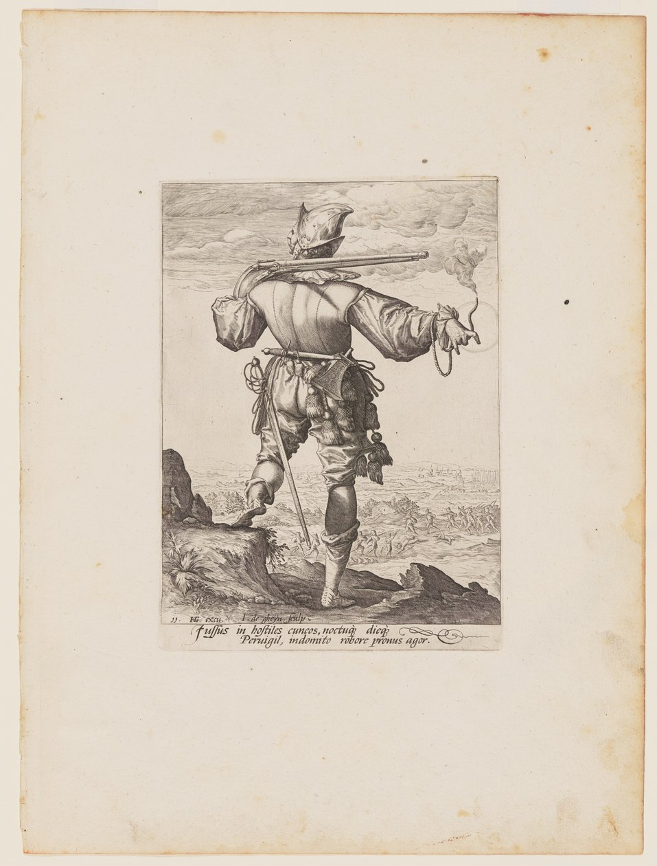 Musketör med hjälm, från Officerare och soldater i kejsar Rudolf II:s livgarde av Jacques de Gheyn II