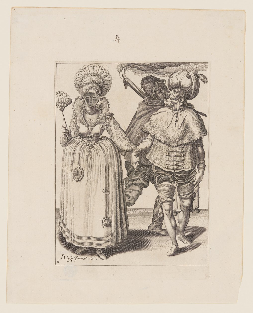 Man med turban leder en kvinna som bär påfågelfjädrar, bakom dem en fackelbärare, ur Maskeraderna av Jacques de Gheyn II