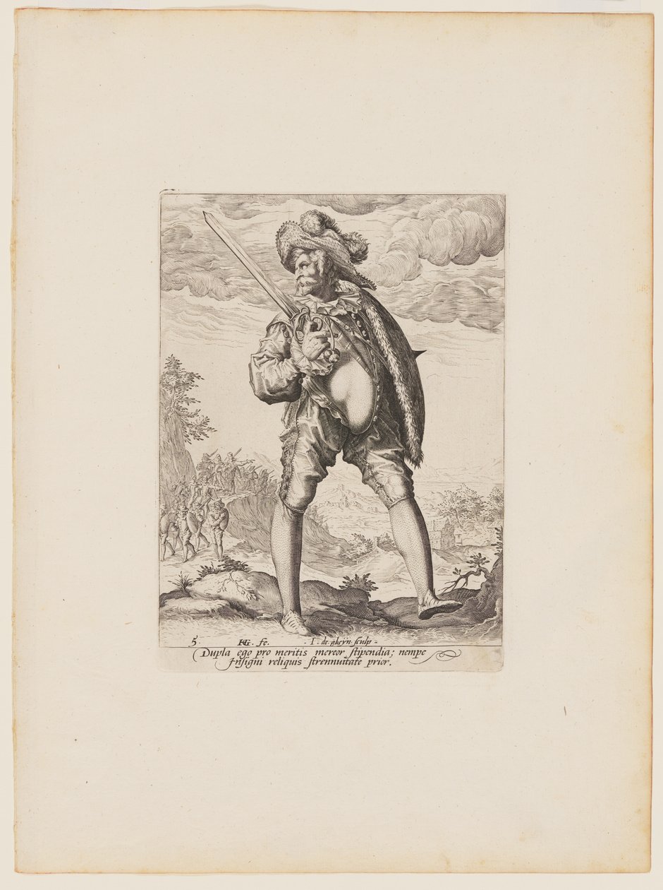 Soldat, beväpnad med svärd och sköld, från officerare och soldater i kejsar Rudolf II:s livgarde av Jacques de Gheyn II
