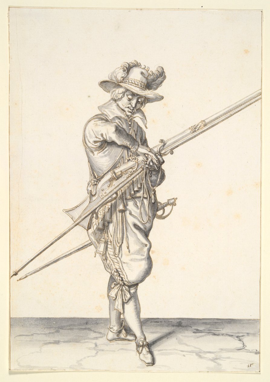 Soldat förbereder sig för att avfyra en musköt av Jacques de Gheyn II