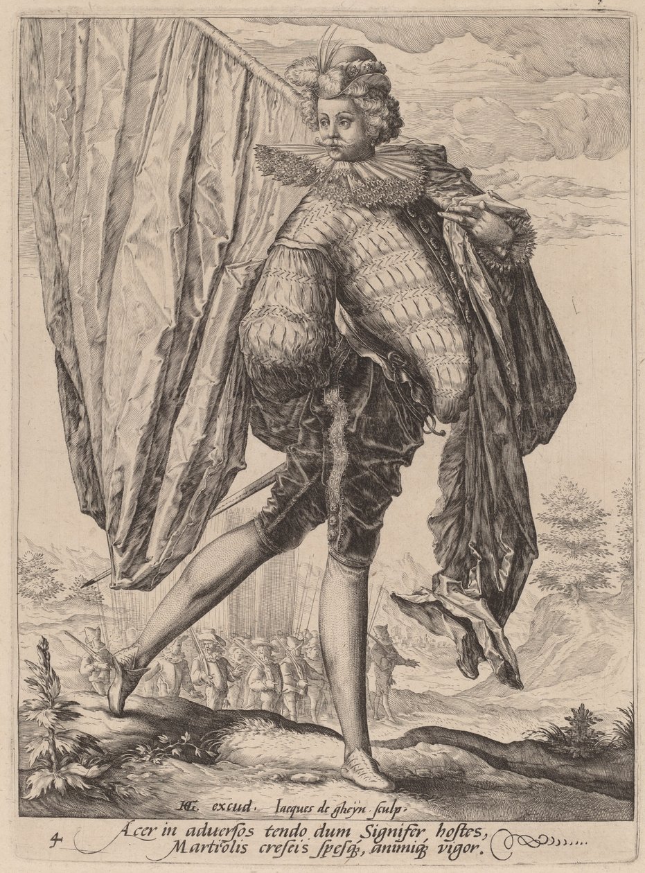 Soldat beväpnad med bredsvärd och sköld av Jacques de Gheyn II after Hendrik Goltzius