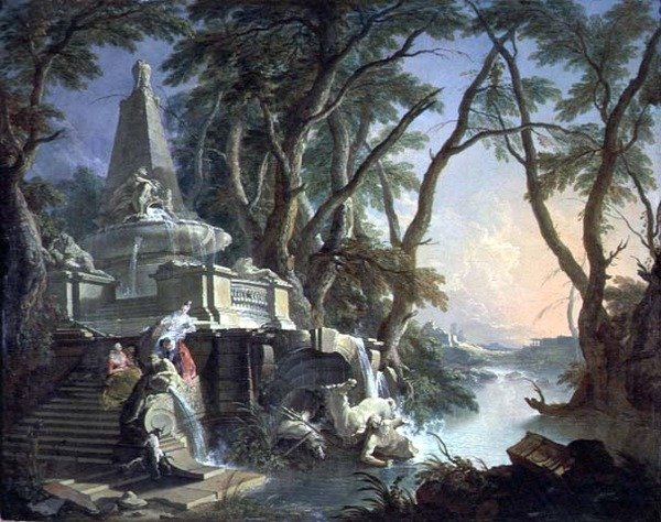 Pyramidfontänen med en trasig staty av Neptunus, eller Landscape: The River (olja på duk) av Jacques de Lajoüe