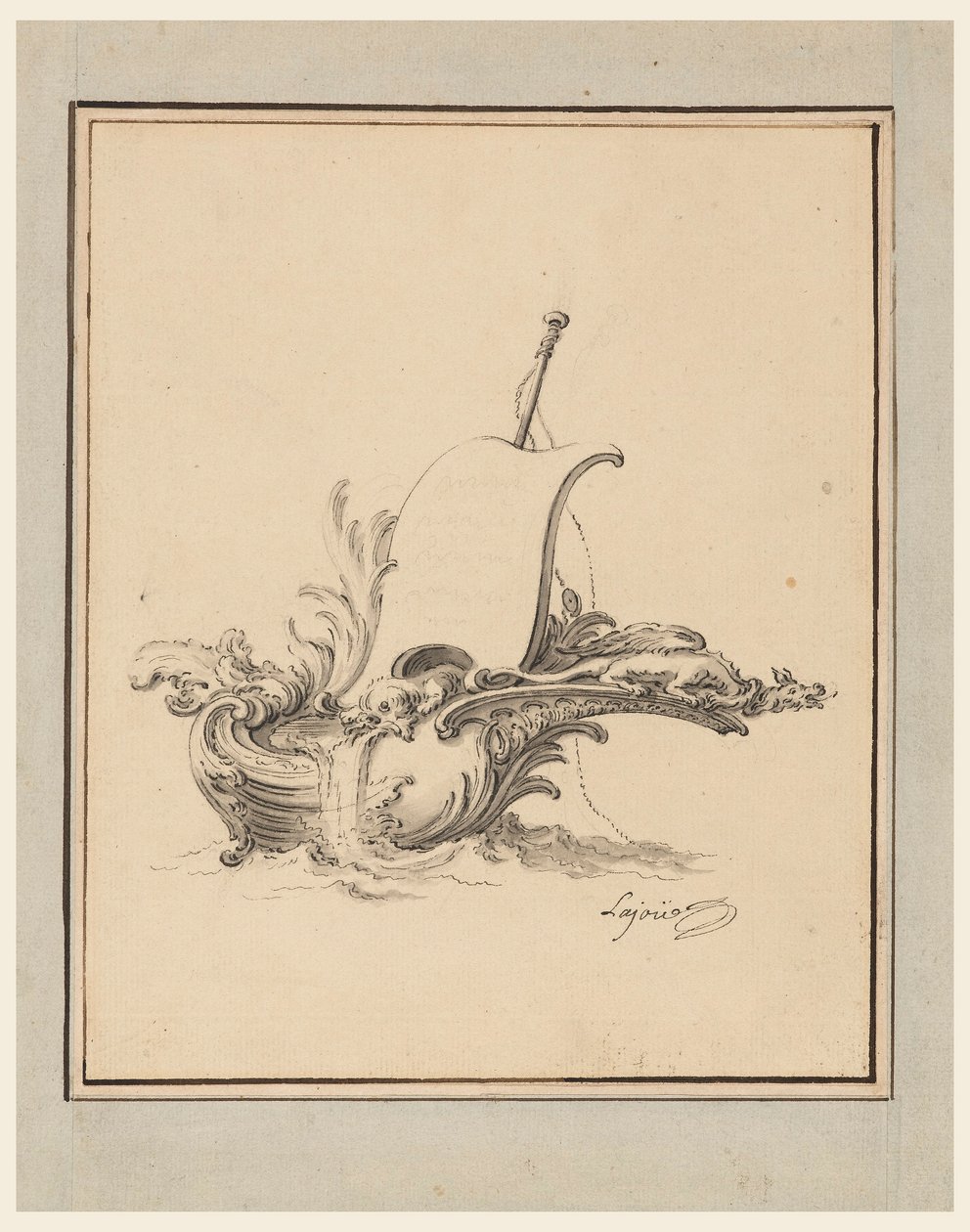 Ritning, Design för ett nyckelskylt i form av en båt med segel, till Recueil Nouveau de Differens Cartouches, 1734 av Jacques de Lajoüe