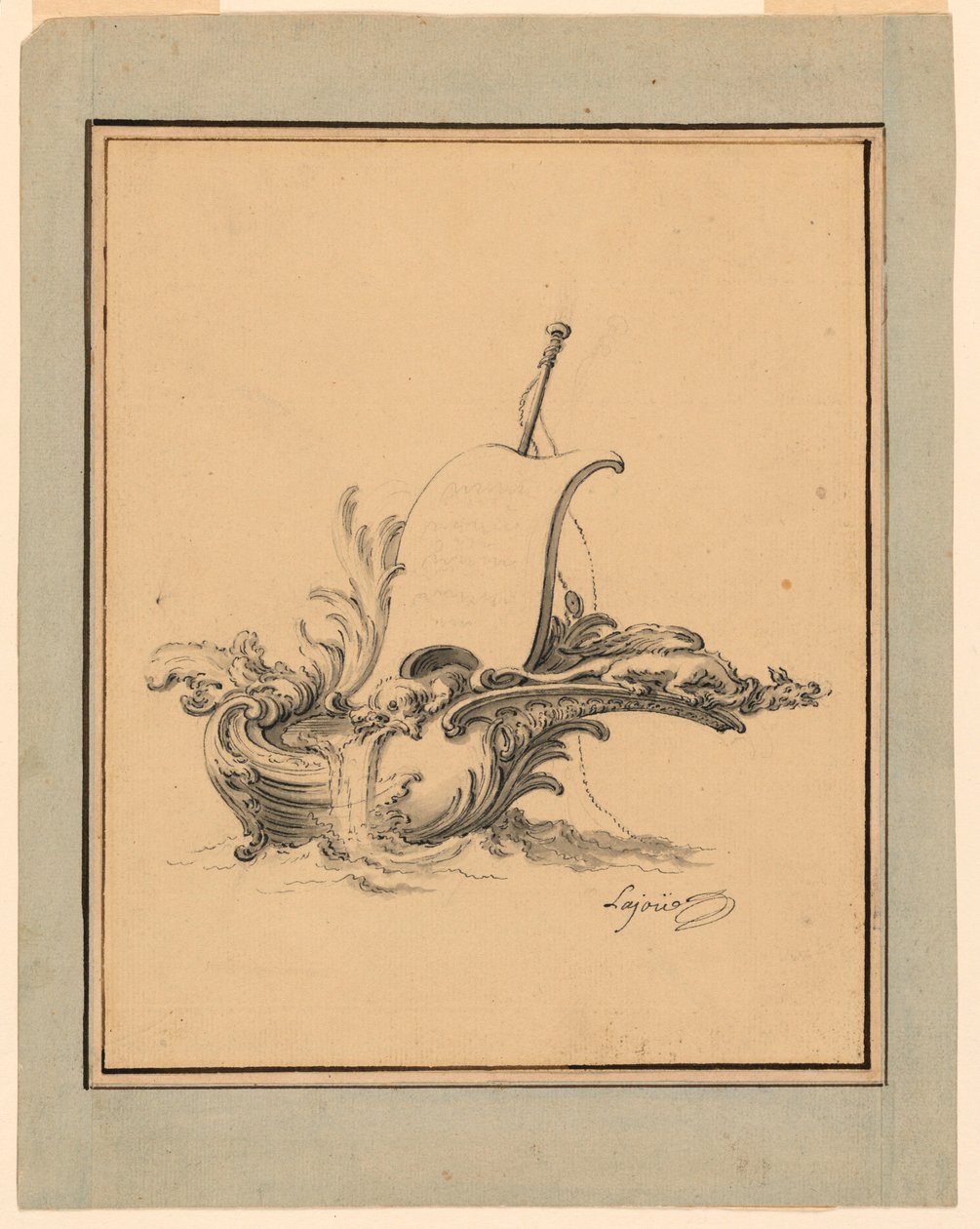 Ritning, Design för ett nyckelskylt i form av en båt med segel, till Recueil Nouveau de Differens Cartouches, 1734 av Jacques de Lajoüe