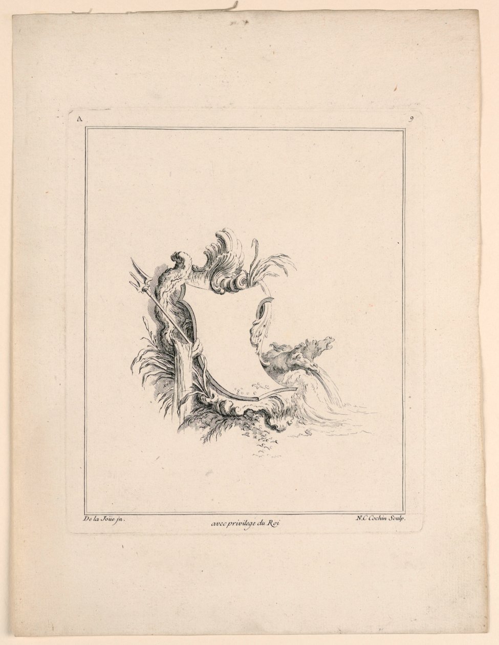Escutcheon, från "Recueil Nouveau de Differens Cartouche" av Jacques de Lajoüe