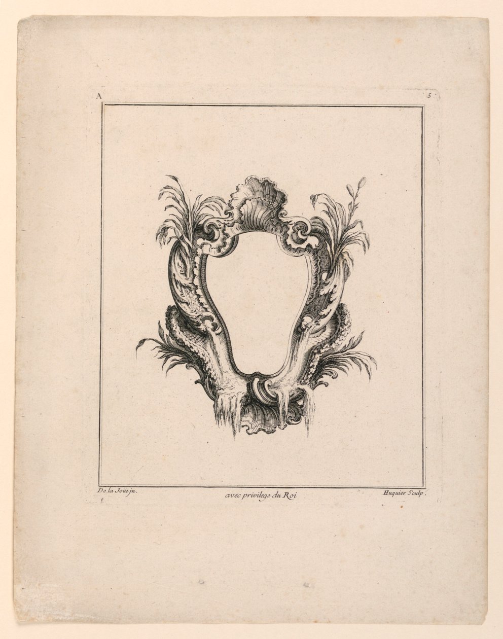Escutcheon, från "Recueil Nouveau de Differens Cartouche" av Jacques de Lajoüe