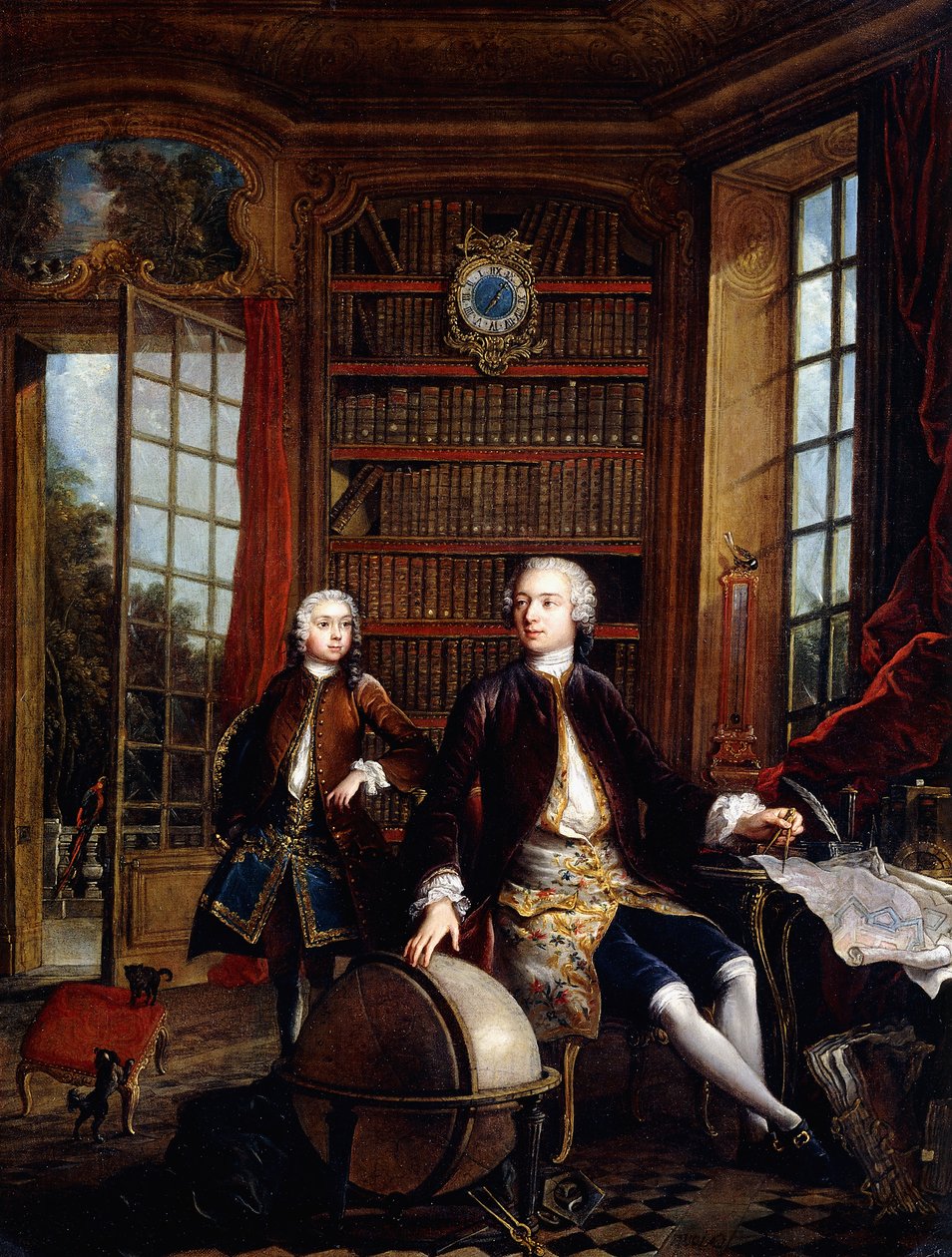 Porträtt av konstnärens son med sin lärare, som sägs vara konstnären Jean Baptiste de Courtonne den yngre, i ett bibliotek, av Jacques de Lajoüe