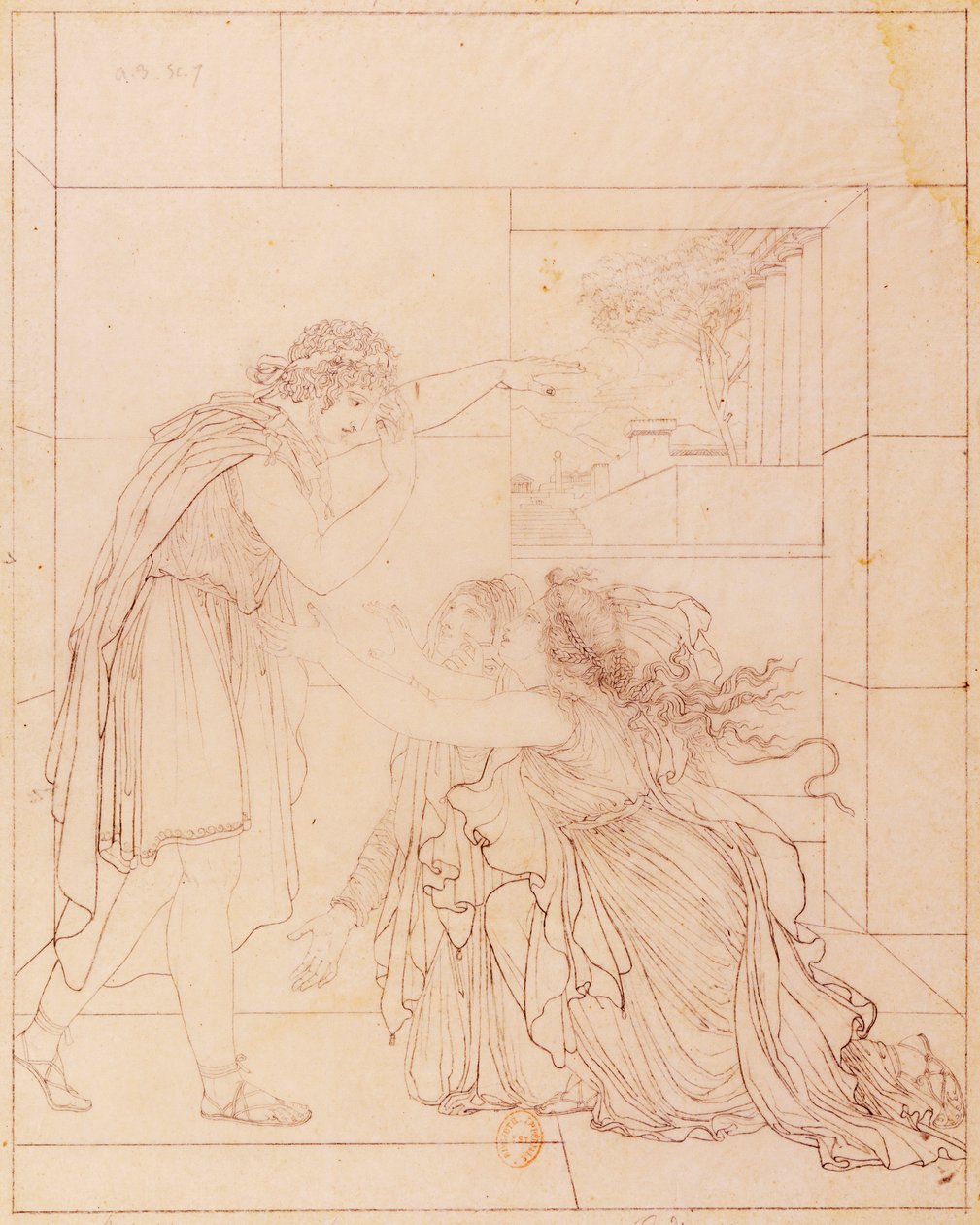 Andromaque vid Pyrrhus fot, illustration för Andromaque av Jean Racine (1639-1699), av Jacques de Seve (1742-1788), teckning av Jacques de Seve