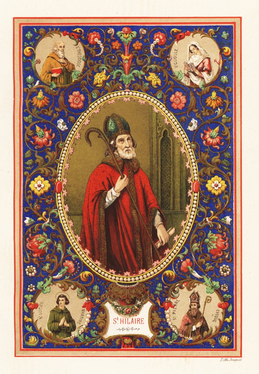 Porträtt av Saint Hilary, biskop av Poitiers, med miter och krok, inom dekorativ kant av lövverk av Jacquet Jacquet