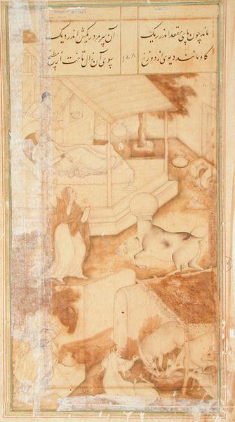 En kvinna med sin sjuka dotter störs av en ko med en vattenkruka fast på huvudet, från Hadiqat Ul-Haqiqat (Sanningens trädgård) av Hakim Sanai, fjärde miniatyr, folio 178, Mughal av Jaganath Jaganath