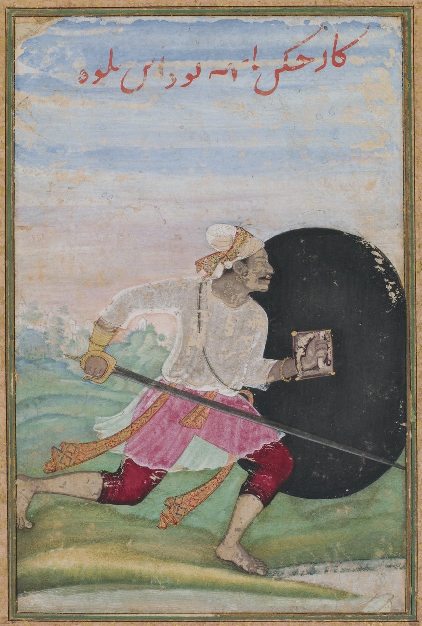 Springande svärdsman, moguldynastin, ca 1600 (opak wc, guld och bläck på papper) av Jaganatha