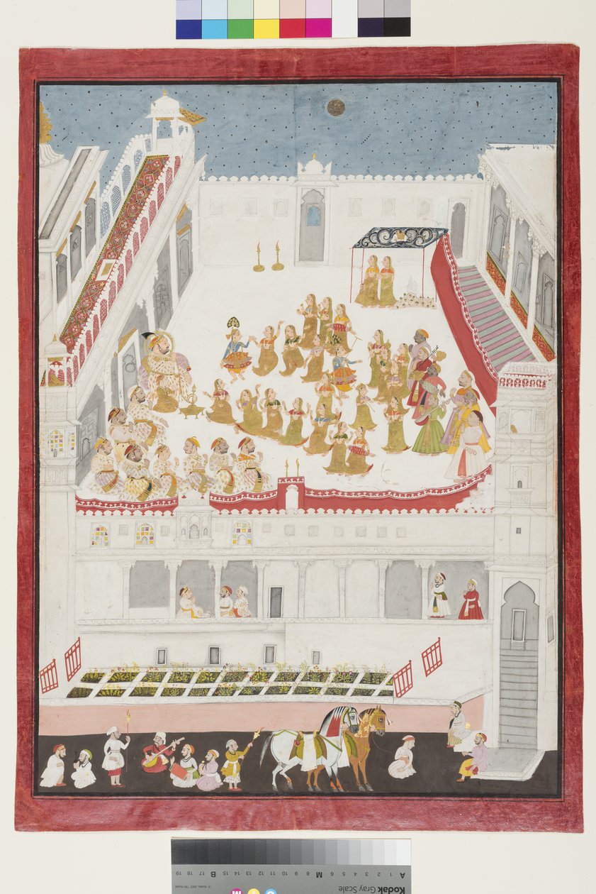 Berättelsen om Krishna spelad före Maharana Jagat Singh II, 1736 (ogenomskinlig wc & guld på papper) av Jai Ram