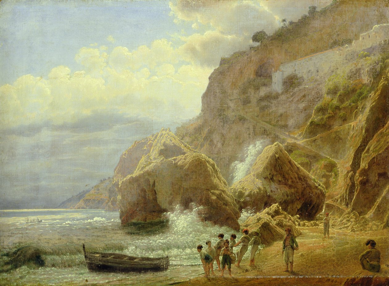 Italienskt kustlandskap, 1844 (olja på papper nedlagd på duk) av Jakob Alt