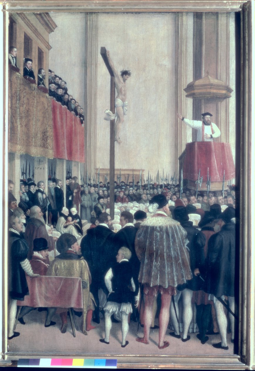 Predikan av den påvliga legaten, Cornelius Musso (1511-74), i Augustinerkirche, Wien 1561 av Jakob Seisenegger